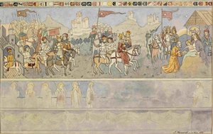 Dibujo de un fresco de la capilla luterana en Turjak con motivo de la Procesión de los Tres Reyes Magos de Ladislav Benesch